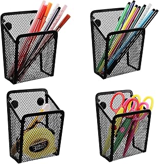 Jucoan 4 Pack Magnetic Pen Pencil Holder, Metal Mesh Magnetic Locker Organizer Pen Cup Baskets for Whiteboard Refrigerator Locker Metal Cabinet School Home Office Supplies