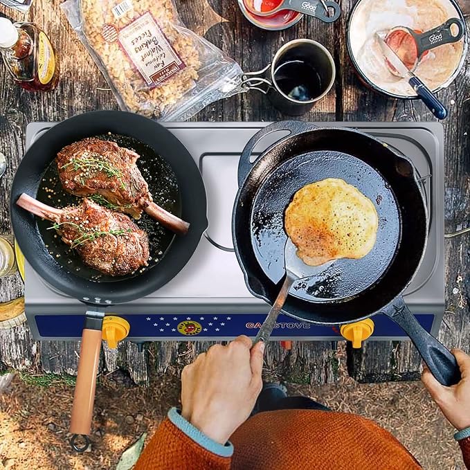 Vivicreate 2 Burner Propane Stove, [20000 BTU] Portable Camping Gas Cooktop with Auto Ignition, Stainless Steel Outdoor Cooker with Regulator & Hose for RV, Backyard, Camping and Emergency Use