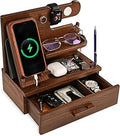 TESLYAR Wood Phone Docking Station with Drawer - Nightstand Organizer - Desk Organizer for Husband - Birthday Gifts for Men, Dad, Anniversary Idea, Key Holder Stand Watch & Accessories (Bourbon Brown)