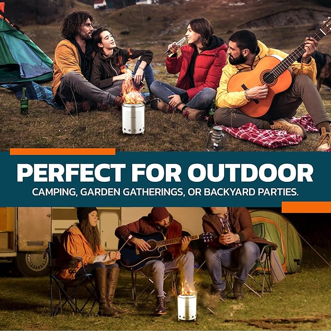 Campior Wood Burning Fire Pit Stove - Smokeless Outdoor Stove for Efficient Wood Fires, Camping, Cooking, and Garden Gatherings, Durable, Stainless Steel with Removable Ash Pan, Stand and Carry Bag