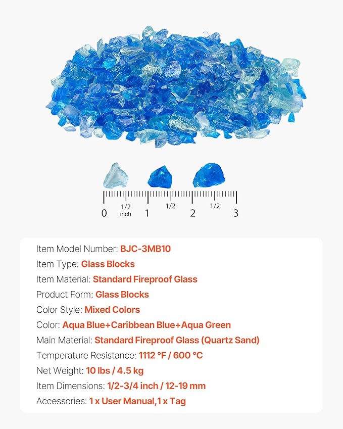 VEVOR Fire Glass, 10 lbs, Aqua Blue + Caribbean Blue + Aqua Green, 3/4 Inch High-Temperature Resistant Reflective Glass Rocks, Smokeless Fire Pit Stones for Outdoor Table & Landscaping