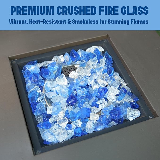 Mr. Fireglass Crushed Fire Glass for Natural or Propane Fire Pit, 10 Pounds Decorative Recycled Fireplace Glass Rocks for Fire Pit Fireplace and Landscaping, High Luster Sea Blue and Ice Clear