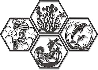 Xedatric Coastal Metal Wall Art 4-Piece Set,Ocean & Beach Metal Wall Sculptures Featuring Jellyfish Decor, Sea Turtle Decor, Dolphin, Seahorse, Starfish & Clownfish