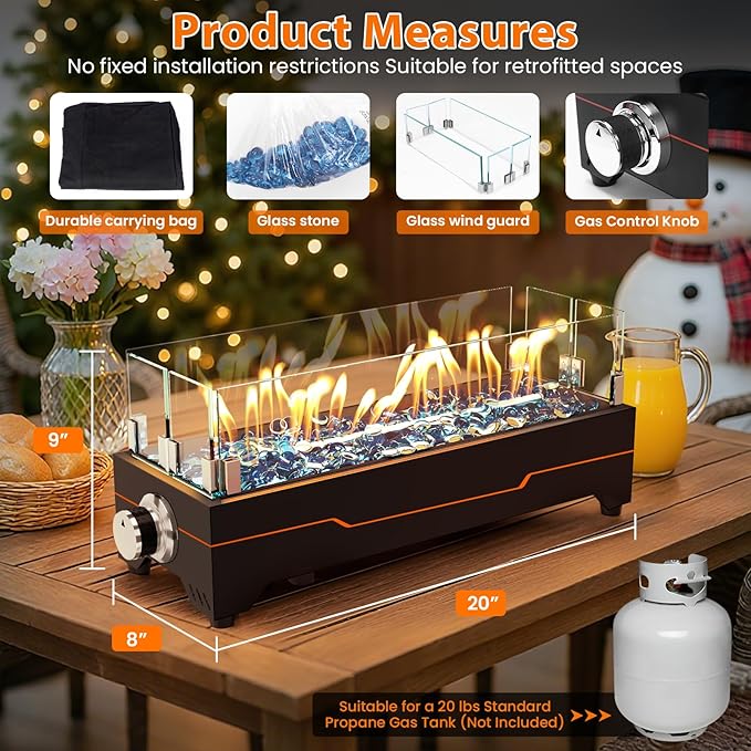 GRISUN Tabletop Fire Pit,20 Inch Propane Fire Pit Table,40000 BTU Table Top Firepit with Glass Wind Guard,Stainless Steel Burner,Fire Glass,Portable Propane fire Pit for Patio, Camping, Backyard & RV