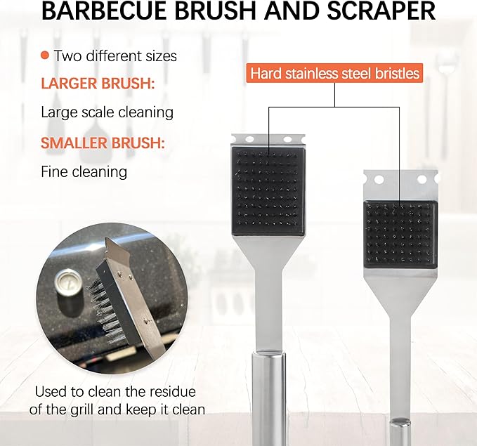 2 Pack Grill Brush and Scraper, 16" & 14" Stainless Steel Handle BBQ Cleaner - Heavy Duty Grate Cleaning Tool for Outdoor BBQ, Cookout, Gas/Charcoal Grills