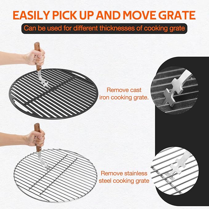 onlyfire 2 Grate Liftes, Stainless Steel Cooking Grid Lifter Gripper Picker Grill Accessories BBQ Utensil Universal Grill Tool for Cast Iron and Stainless Steel Grates