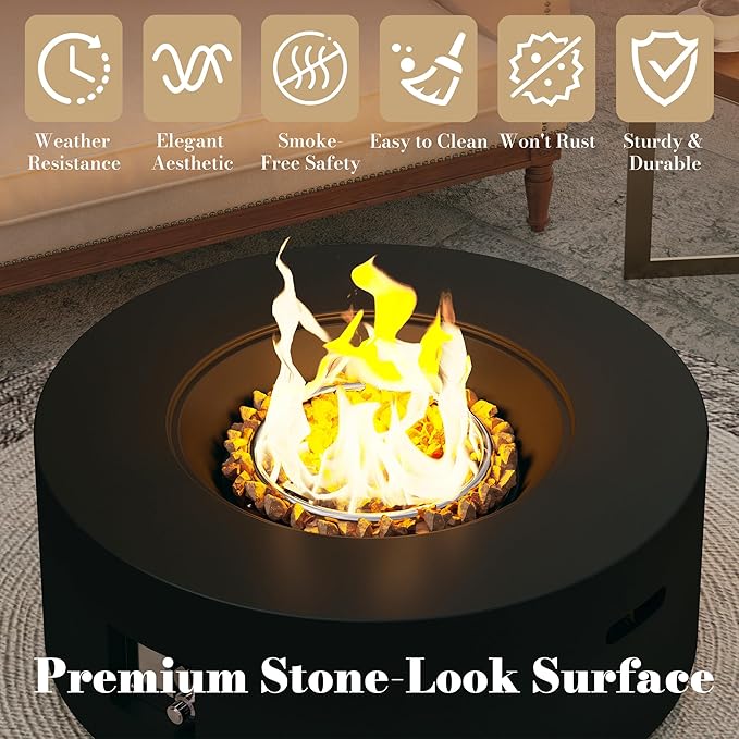 32.5 Inch Propane Fire Pit Table, 50,000 BTU Round Patio Fire Pit Table Outdoor, CSA Certified, Stainless Burner with Steel Lid, Waterproof Cover & Lava Rocks, for Garden Backyard, Black