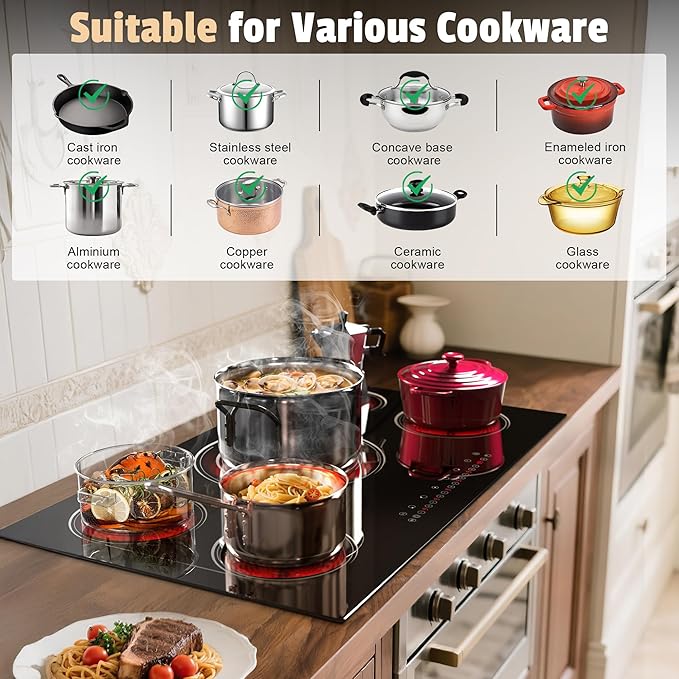 5 Burner Electric Cooktop 36 Inch, Nefaracy Built-in Electric Stove Top 9600W, 36'' Ceramic Cooktop with Touch Control, BBQ Burner, Timer & Pause, Safety Lock, 220V Hard Wire