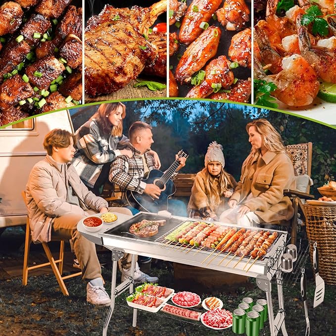Portable BBQ Grill, Foldable Charcoal Grill Lightweight Smoker Grill for Outdoor Cooking Camping Hiking Picnics Tailgating Backpacking Party (Large gril(39x13.4x28"))