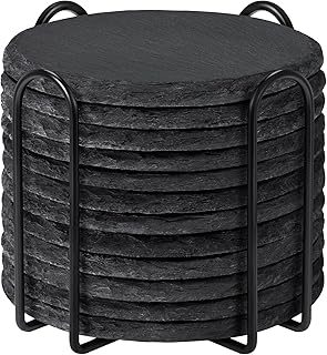 Slate Coasters with Holder, MAPRIAL 4 Inch Coaster Set of 12 Round Black Slate Stone DIY Coasters with Anti-Scratch Backing for Halloween Christmas, Bar, Kitchen, Home Decor, Gifts for Mom, Dad