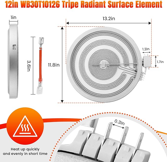 WB30T10126 12" Range Triple Haliant Radiant Surface Element Compatible with G-E Electric Glass Top Ranges, Replaces WB30T10155 1474212 AP4344521 PS2321560 EAP2321560 by Fetechmate