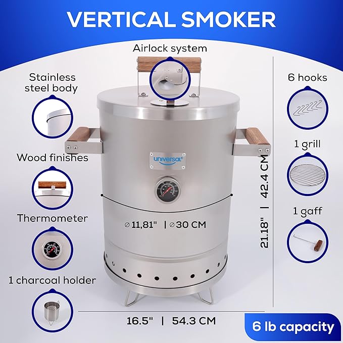 Universal (6-pound) Stainless Steel (Small) Charcoal Barrel Smoker with Thermometer & Airlock system - 16.5"x 21.18" x ⌀11.81", 2 in 1 Vertical Smoker - Grill and Smoker, 6-serving Slow Cooking Smoker