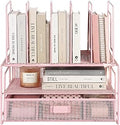 BLU MONACO | Pink Desk Organizer with Drawer | Wire Mesh Desk Organizer File Sorter | Metal Desktop Storage for Office Workspace