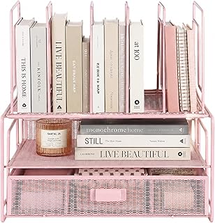 BLU MONACO | Pink Desk Organizer with Drawer | Wire Mesh Desk Organizer File Sorter | Metal Desktop Storage for Office Workspace