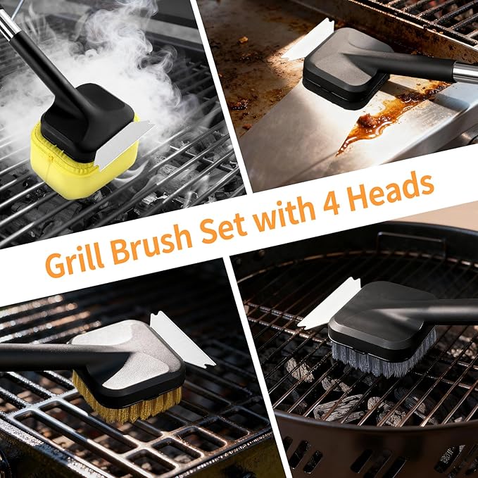 5 Pcs Bristle Free Grill Brush, Grill Cleaning Kit 20.47" Long Handle & Scraper & Replaceable Heads, Safe Grill Brush for Outdoor Grill for Any Grates Type, Grilling Gifts for Men Dad