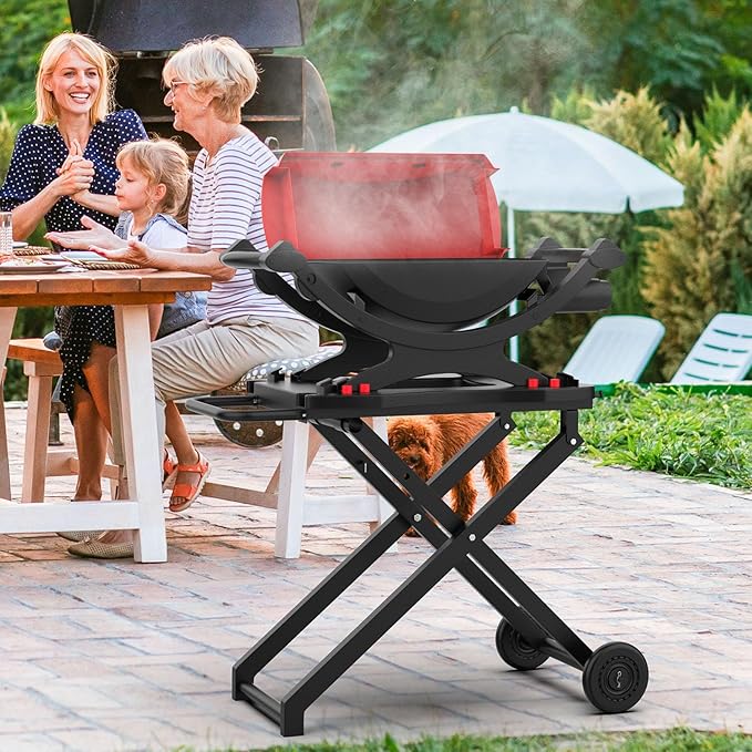 Grill Stand for Weber Q Grill Cart, BBQ Portable Grill Table for Weber Q1200 Q1000 Q2000 Q1400, Heavy-duty Trolley Collapsible Dining Table for Outdoor Camping BBQ Cooking Tailgating, Black, 2 Wheels
