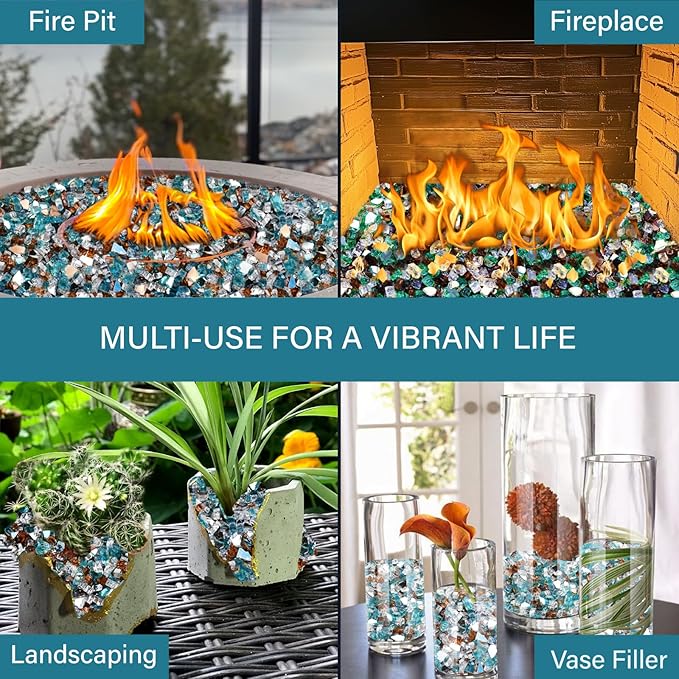 NUPICK 5 Pound Fire Glass, 1/4 Inch Reflective Fire Pit Glass, Tempered Firepit Glass Rock for Propane or Natural Gas, Glass Rocks for Fire Pit Table or Fireplace, Aqua Blue & Copper & Platinum Mix