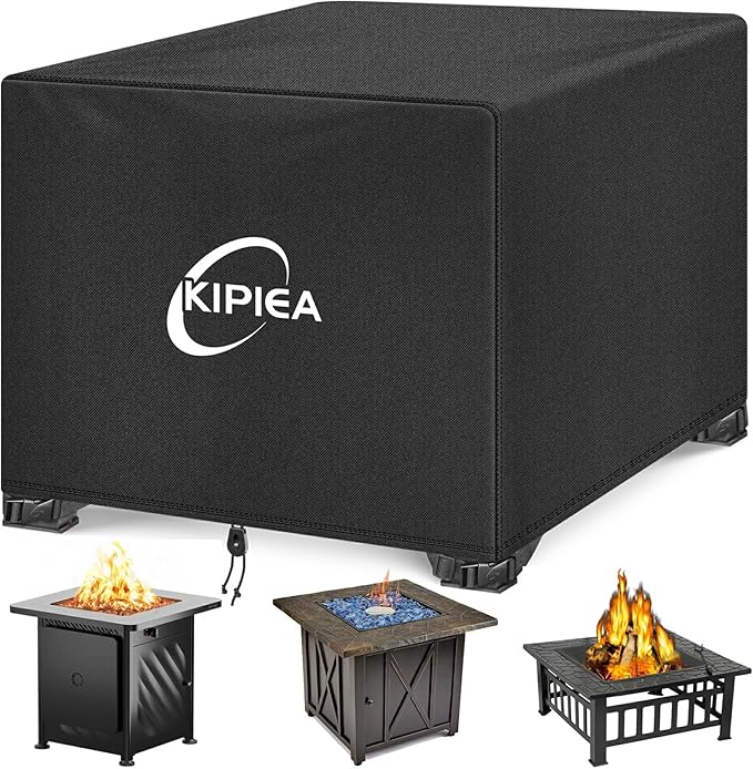 Kipiea Square Fire Pit Cover, Upgraded 600D Strong Tear Resistant, 32" L x 32" W x 24" H 100% Waterproof Fire Pit Table Cover, UPF 50+ Outdoor Firepit Cover Square Fading Resistant
