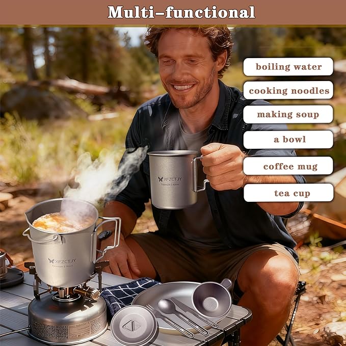 750ml/420ml Ultralight Titanium Pot Coffee Tea Mug Combo With Lid Spork,Tea Infuser, Nestable Camping Set With Foldable Handle For Backpacking, Hiking Mountaineering