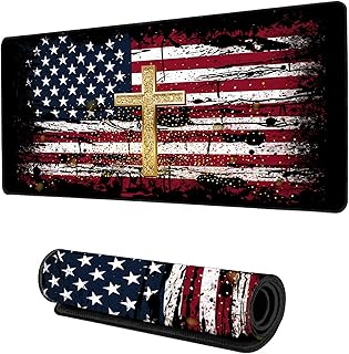 Desk Mat,American Flag Jesus Cross Mouse Pad Large Gaming for Desk,Non-Slip Rubber Base Mousepad,31.5x15.7 Inch for Office Home Work & Game