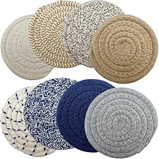 Handmade Woven Cotton Coasters - Set of 8 with Holder, Absorbent, Protects Tabletop - 4.3 Inch Diameter, Home Decor, Kitchen Decor, Table Decor, Coffee Table Decor, Living Room Decor, 8 Colors