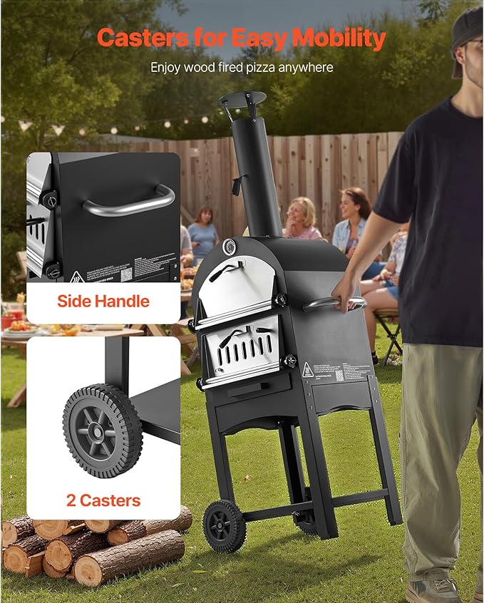 VEVOR Portable Outdoor Oven, 12-inch Stand Pizza Oven with Casters, Pellet & Chips & Charcoal & Firewood Four Fuel, Baked Paint Pizza Grill, Includes Pizza Stone, Pizza Shovel, for Camping & Backyard