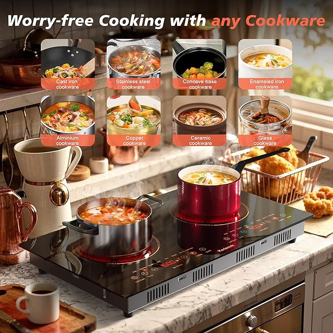 2 Burner Electric Cooktop 110v, 24 Inch Electric Stove Countertop & Built-in, Plug-in Electrics Cooktop, 8 Power Levels & 8 Functions, Touch Control, Safety Lock, Timer, 2000W, Orange