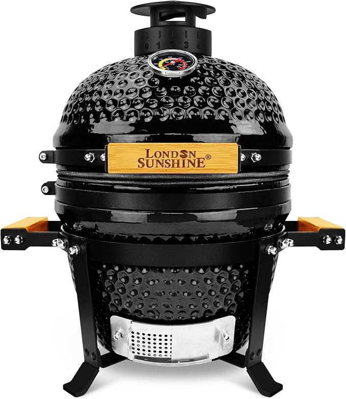 Upgraded 13 inch Ceramic Kamado Grill with Waterproof Air Vent Cap | Portable Tabletop Charcoal BBQ Grill Smoker for Outdoor Cooking, Patio, Camping | Black