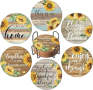 Chengu 6 Pieces Vintage Sunflower Drink Coasters with Holder Absorbent Sunflower Wood Drink Coaster Thank You Gifts for Christmas Farmhouse Home Office Decoration(Wood)