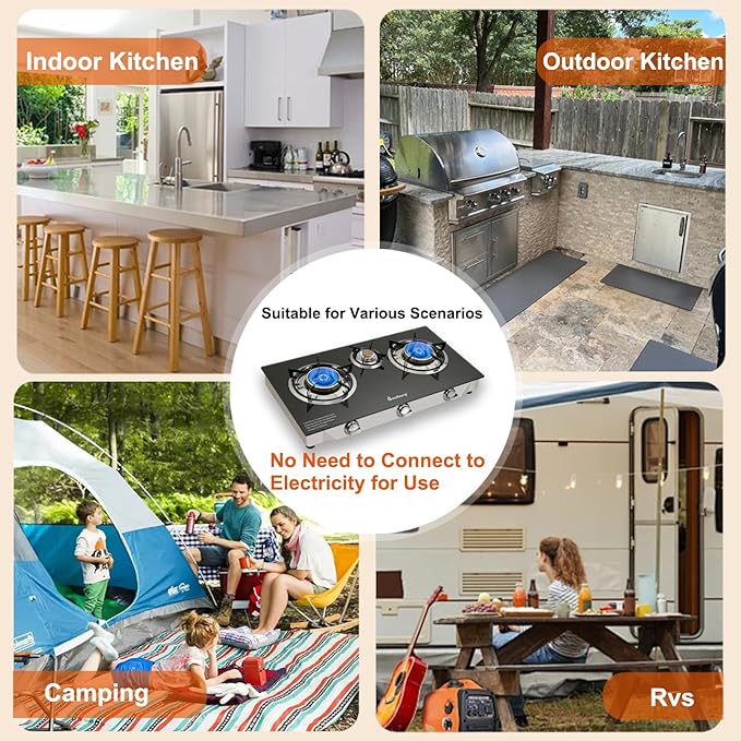 Propane Stove 3 Burner Gas Stove, 34000 BTU High-Efficiency Auto Ignition Tempered Glass LPG Cooktop with CSA Regulator and Hose – for Outdoor Camping, RV, and Emergency Cooking