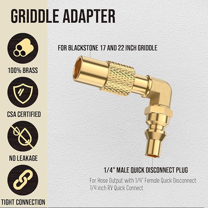Brass 1/4 inch RV Quick Connect Propane Elbow Adapter for Blackstone 17Inch and 22 Inch Tabletop Camping Griddles, 12X14 Inch Camping Grill, for Compatible with Blackstone Grill to Propane Tank or RV