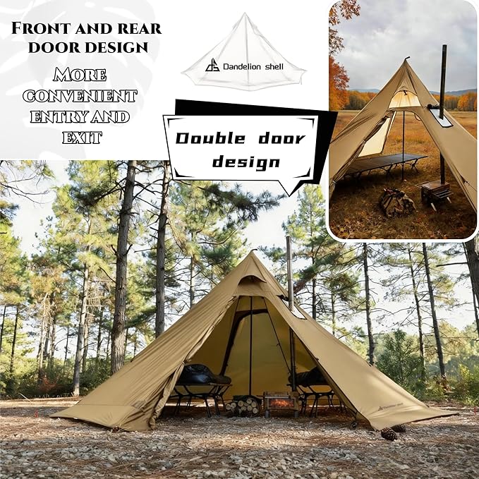 Hot Tent with Stove Jack – 4 Season Waterproof & Windproof Shelter for 1–4 People, Lightweight for Camping, Hiking, Hunting & Fishing