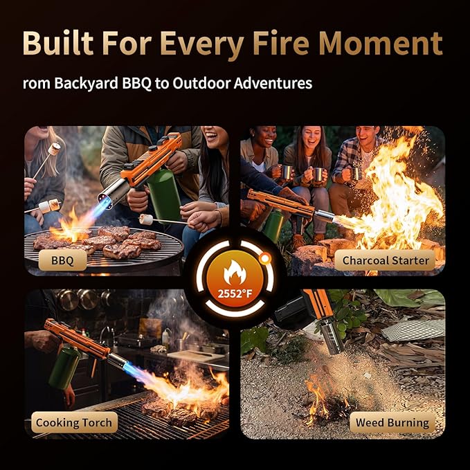 Propane Torch Gun, Adjustable Flame Blow Torch for Cooking, Powerful Grill Torch and BBQ Torch for Charcoal, Fire Torch for Searing Steak, Camping and Outdoor Use (Tank Not Included)