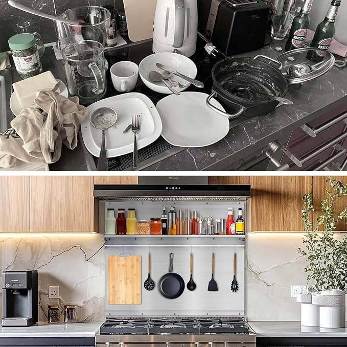 30"x24" Stainless Steel Backsplash for Stove & Hood, Stove Backsplash with Storage Shelf & Hanging Rack, Easy-Clean Kitchen Wall Splash Guard & Protector