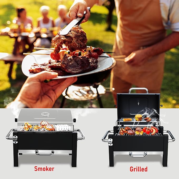 BBQCuker Portable Charcoal Grill with Warming Rack, Tabletop Charcoal Grill, Small BBQ Grill with Thermometer(100-800°F), Outdoor Charcoal Smoker for Camping, Picnic, Hiking, Beach and Travel