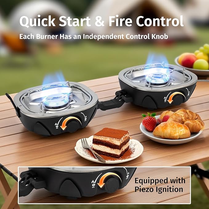 INFOOD Propane Camping Stove 20,000 BTU - Portable 2 Burner Gas Stove with Adjustable Flame Control, Piezo Ignition, Carry Bag & Propane Adapter Hose, Folding Design for Camp, BBQ, Tailgating, Black