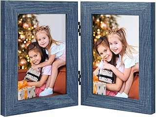 Frametory, 4x6 Double Hinged Picture Frame with Glass Front, Engineered Wood Two Photo Frame Collage for Vertical Display, Side by Side Standing Frame (Blue, 1 Pack)