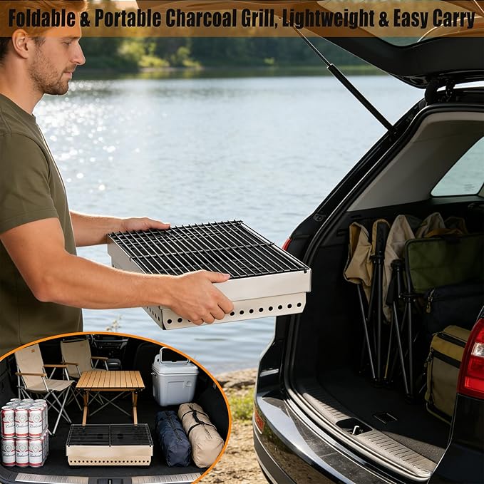 Portable Charcoal Grill, Small Tabletop BBQ, Foldable Mini Hibachi, Stainless Steel Camping Grill, Compact Outdoor Cooker for Picnic, Tailgating