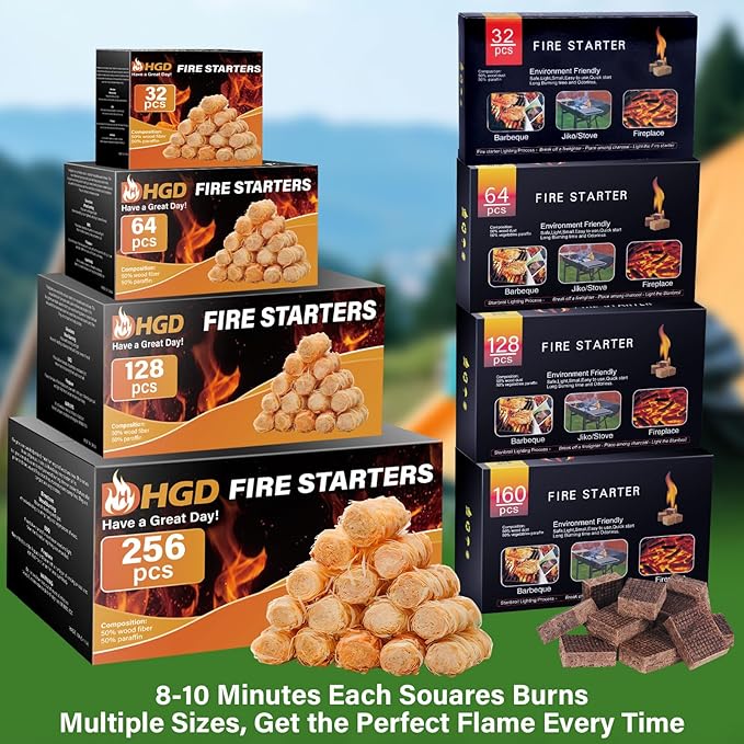 HGD Fire Starter(32pcs), Natural Charcoal Starters, Firestarters for Indoor Fireplace, BBQ, Campfire, Wood Stove, Chimney, Fire Pit, Grill, Smoker, Indoor Outdoor Use, Weather-Resistant