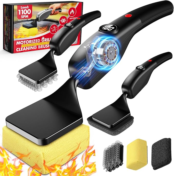 Reciprocating Electric Grill Brush, Bristle-Free Grill Brush for Outdoor Grill, BBQ Grill Brush, Grill Cleaner with 3 Replaceable Brush Heads, No Splash, Effort-Saving, Deep Cleaning, Black