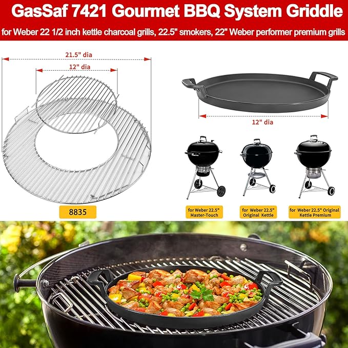 GasSaf 7421 Gourmet BBQ System Griddle for Weber 22 1/2 Inch Original Kettle Premium Charcoal Grills, 22.5'' Smokers, Performer Premium Grills Insert, 12" Round Cast Iron Griddle for 8835 64812 64815