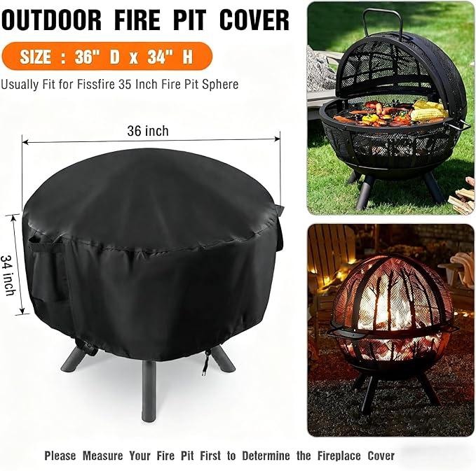 POMER Fire Pit Cover,Round Fire Pit Cover for Panovue for Ikuby for Fissfire 35 Inch Fire Pit Sphere, Waterproof Propane Gas Fire Pit Column Cover - 36" D x 34" H