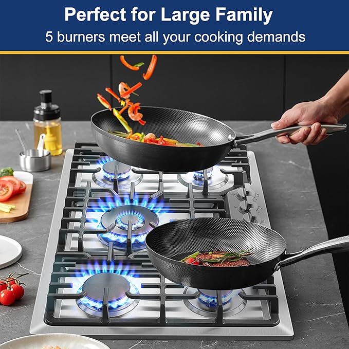 Amzgachfktch Gas Cooktop 30 Inch with 5 Italy SABAF Powerful Burners, Max 48,300 BTU/hr Gas Stove Top, Built-in 304 Stainless Steel Propane Stove, NG/LPG Convertible, CSA Certified