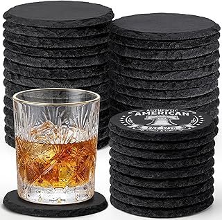 36 Pieces Slate Coasters Bulk, 4 Inch Round Rustic Black Stone Drinks Coasters Set with Anti-Scratch Backing for Laser Engraving, Bar, Housewarming Gifts, Home Decor, Halloween Christmas