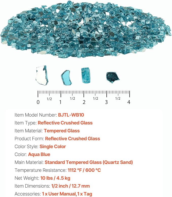 VEVOR Fire Glass, 10 lbs, Aqua Blue, 1/2 Inch High-Temperature Resistant Reflective Glass Rocks, Smokeless Fire Pit Stones for Outdoor Table & Landscaping