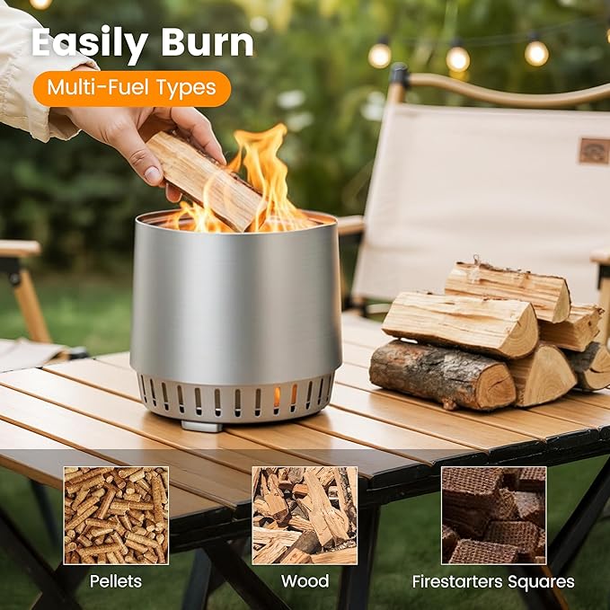 Amopatio Tabletop Fire Pit with Stand, Removable Ash Pan, 8.5 x 9.5 Inch Smokeless Portable Stainless Steel Wood Burning Outdoor Firepit with Carry Bag for Camping Patio & Backyard
