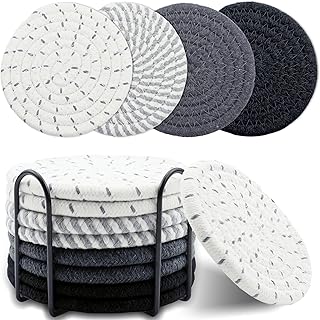 8 Pcs Drink Coasters with Holder, Minimalist Cotton Woven Coaster Set, 4 Colors Absorbent Coaster Protection Protection for Various Cups, Ideal for Coffee Tables and Home Decor Tabletop, 4.3 Inches