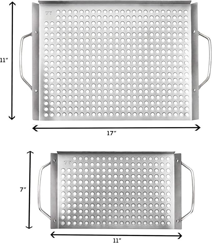 Outset Stainless Steel Grill Topper Grid, Set of 2, 11"x7" and 11"x17" BBQ Basket Trays