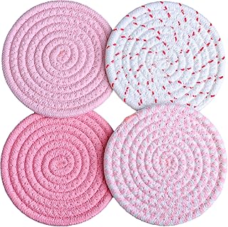 4.8 Inch Drink Coasters Set of 4, Large Fabric Cotton Coasters, Cute Girly Absorbent Handmade Woven Coaster, Minimalist Boho Table and Desk Decor, Posavasos for Cups, Gift for Women (Colorful Pink)