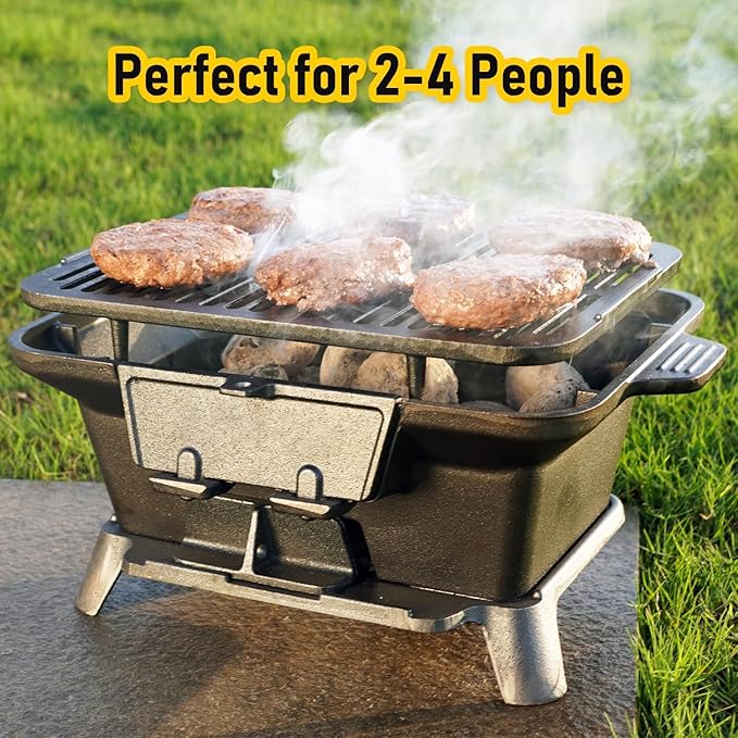 Hibachi Grill Outdoor, Portable Small Charcoal Grills, 100% Cast Iron, Mini Japanese Yakitori Tabletop Skillet Grill Stove for Outdoor Camping - Coal Door, Draft Door, Ideal for 2 People